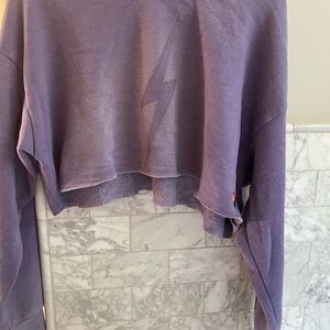 Aviator Nation Purple Cropped Sweatshirt with Lightning Bolt
